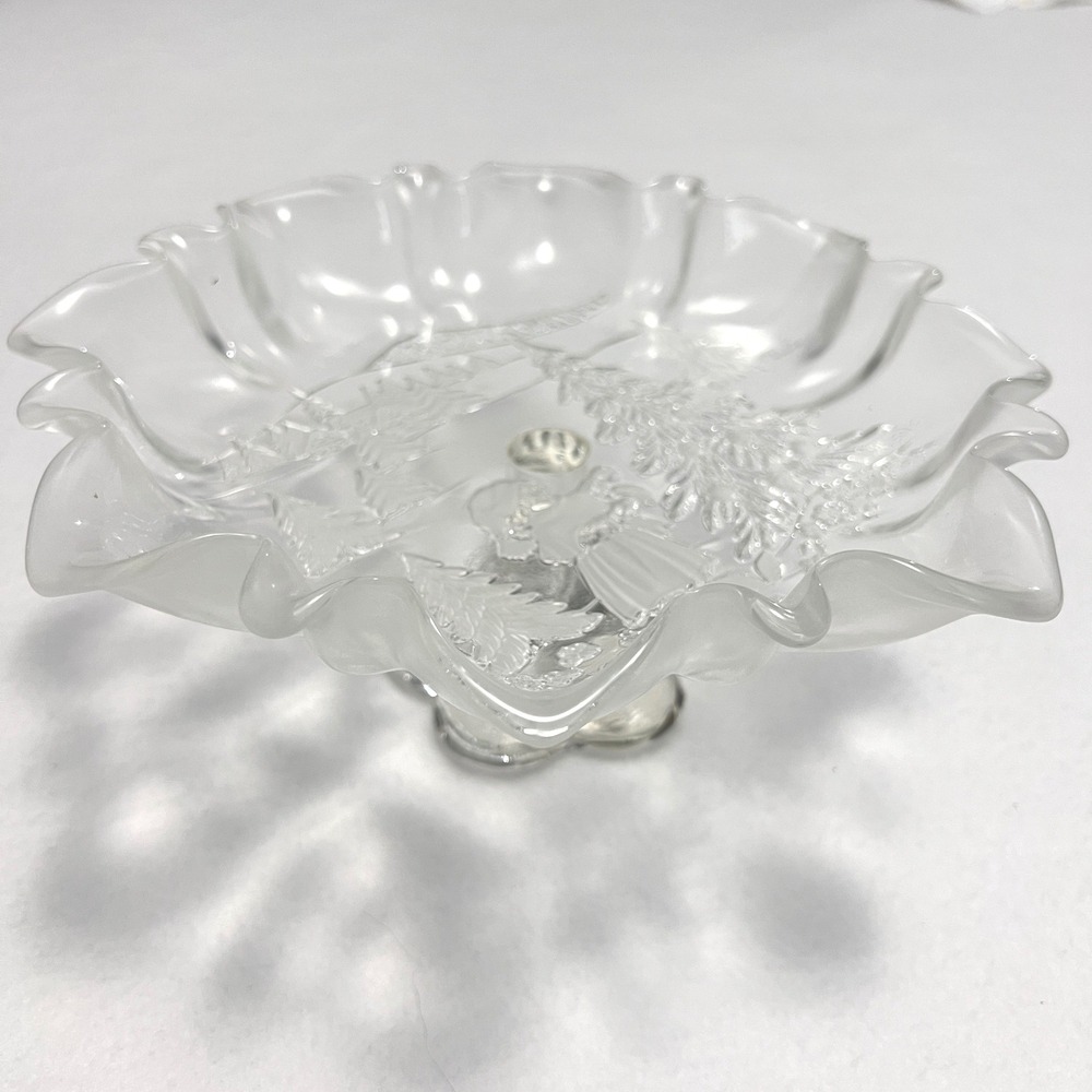 Glass Pedestal Bowl Clear Frosted Holiday Child Trees Winter 4" x 9" Ruffle Edge
